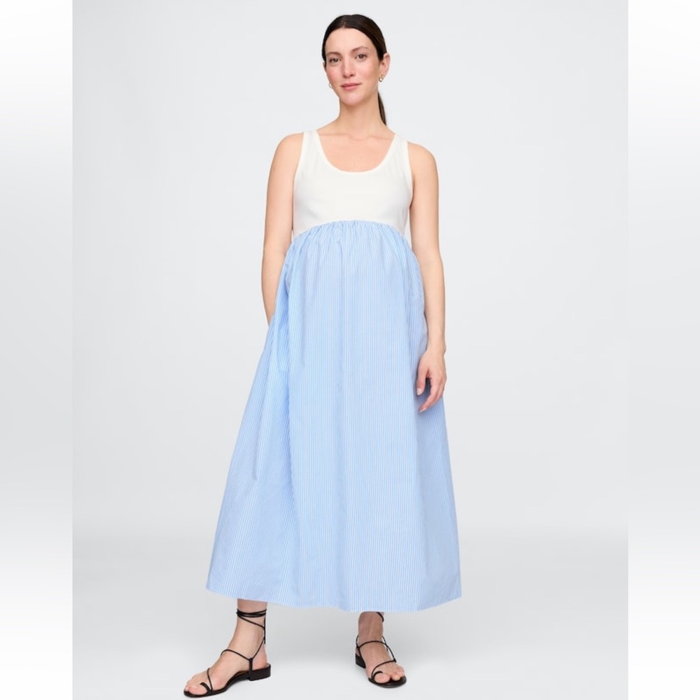 GAP- Maternity Mixed Media Maxi Dress, M, Blue white stripe